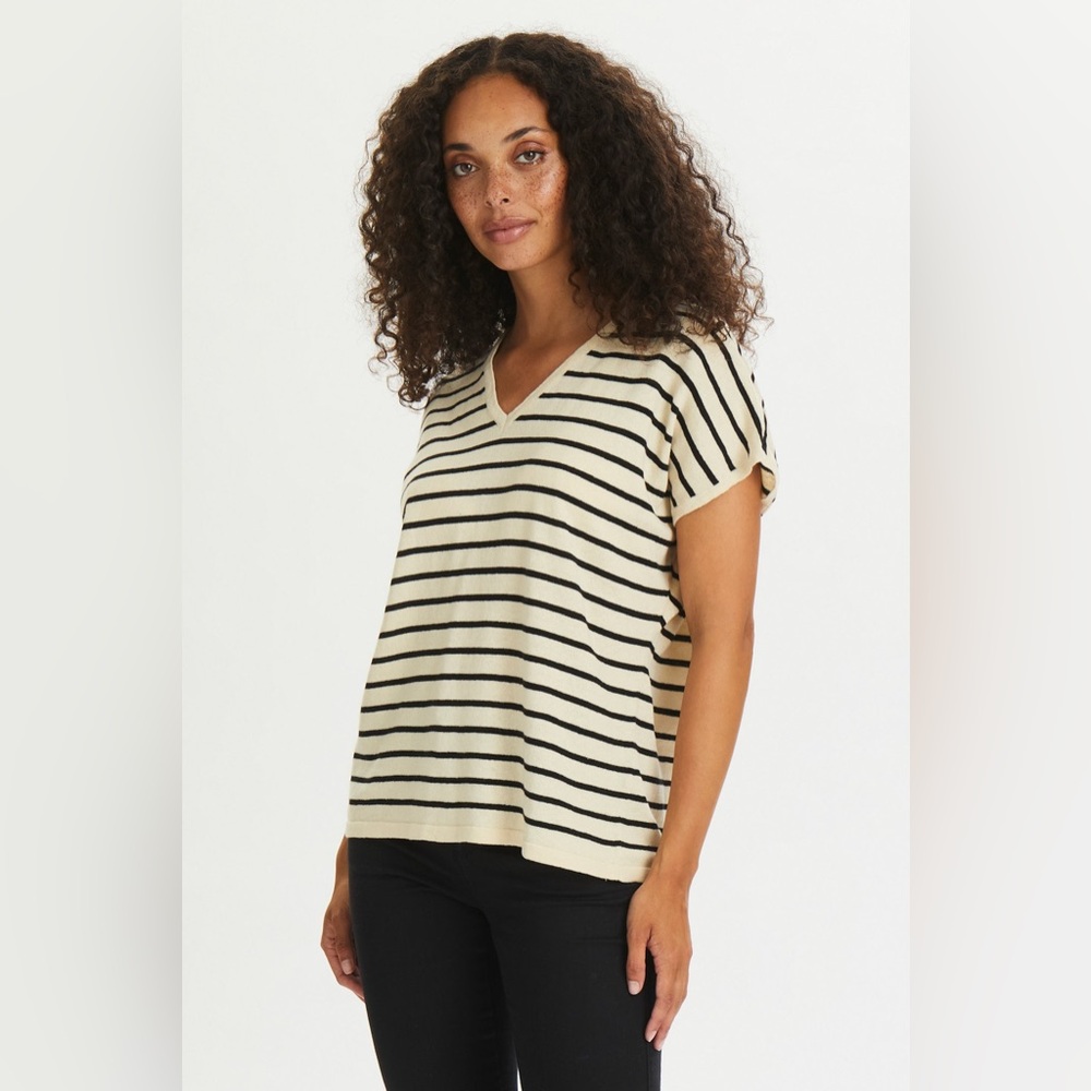 ◾️Kaffe Curve Linen And Cotton Blend Kamala Striped V Neck Pullover